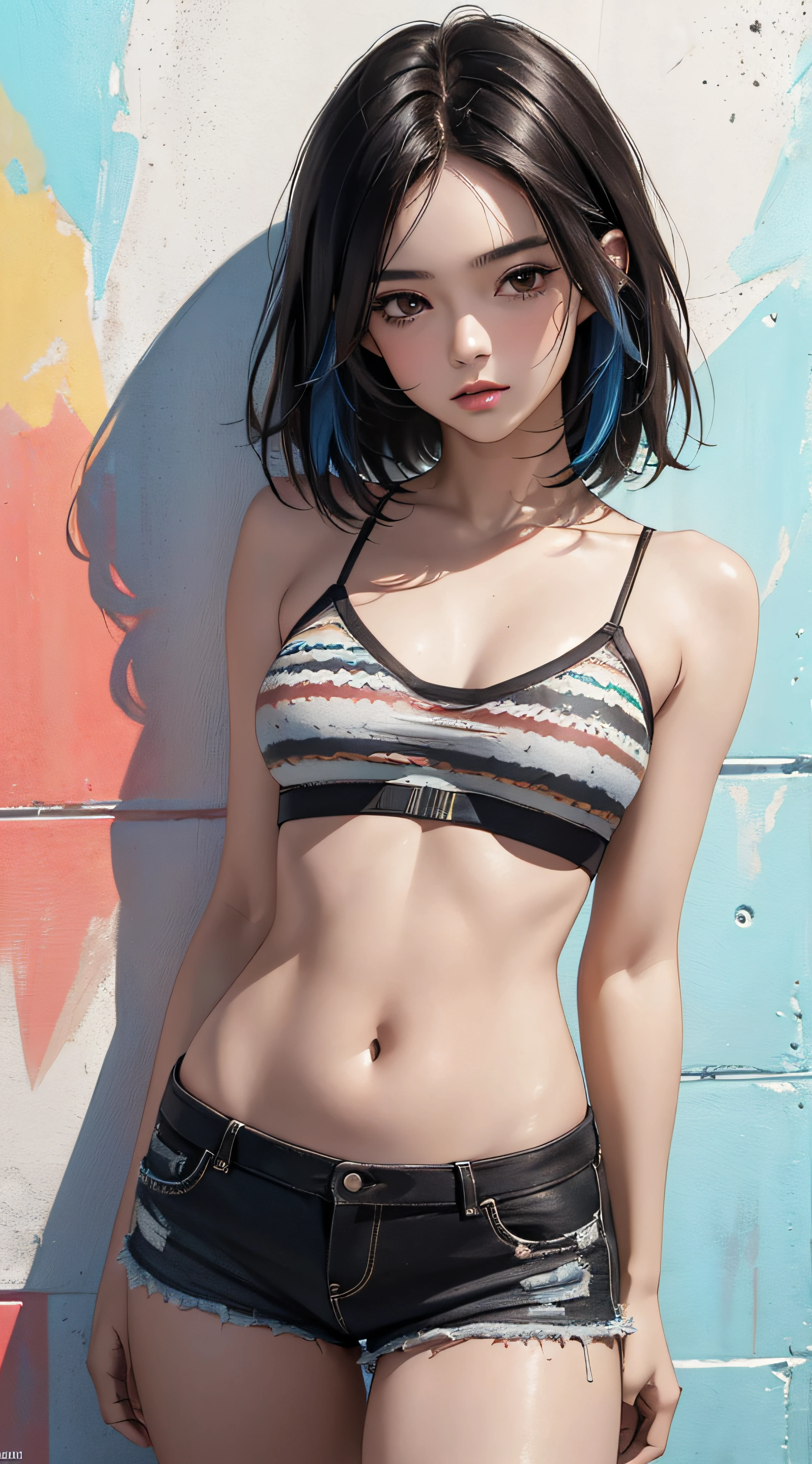 (((8k wallpaper of extremely detailed CG unit, ​masterpiece, hight resolution, top-quality))), ((Beautuful Women, Model-like posture, Grunge Fashion, Wearing a camisole:1.2, Wearing micro mini shorts:1.2)), ((extra detailed face, Highly detailed black eyes, extra detailed body, Top quality real texture skins)), (Short Bob Cut Hair, de pele branca, Exposed belly), (colorfully painted wall), hyper realisitic, digitial painting,