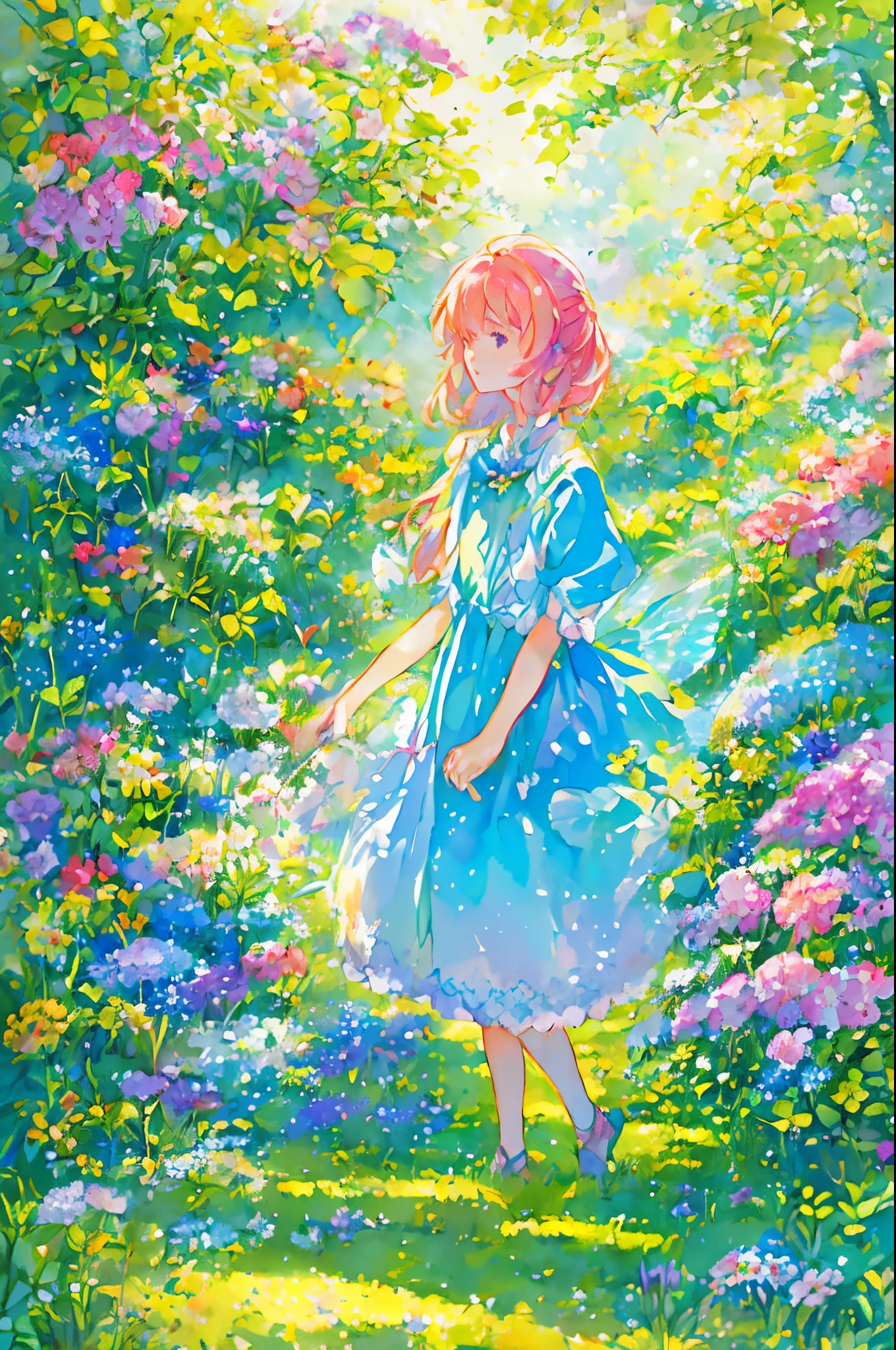 穿着仙女服装的美丽的女孩, 被鲜花和蝴蝶包围. 内容: 水彩绘画. 风格: 反复无常又细腻, 就像儿童书籍里的插图.