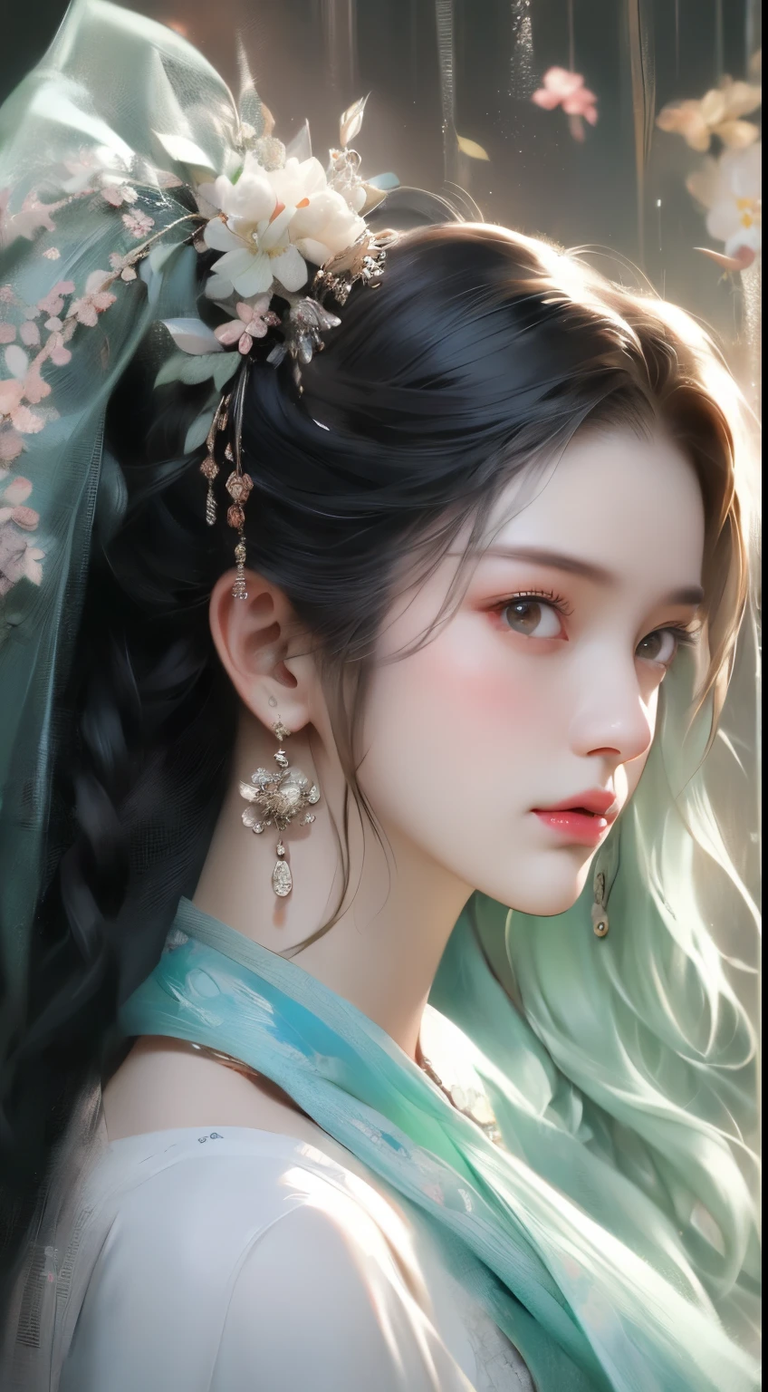 (Chinese landscape), (Zen Buddhism, Amy Sol style), 1 girl, Close-up of upper body portrait, Hazy beauty, Extremely beautiful facial features, blue hanfu, Hairpin on the head, (springtime, rainy days, terraced, mont),  vectorial art, Chinese contemporary art, Gradient of color, Soft color palette, Hierarchical form, whimsical pictures