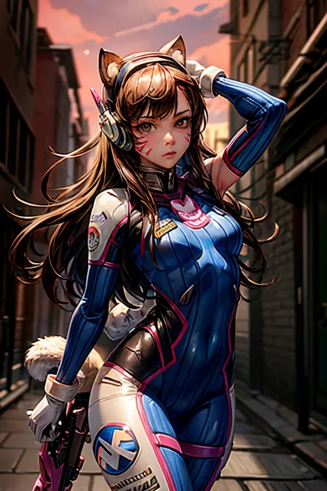 1girll, (D.va (Overwatch):0.8), Solo, Long hair, whisker markings, tightsuit, Brown hair, face markings, mitts, Breasts, Brown e...