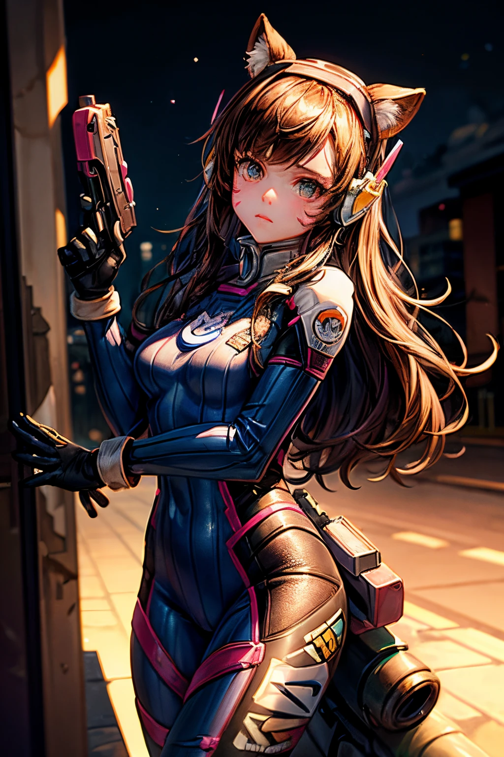 1girll, (D.va (Overwatch):0.8), Solo, Long hair, whisker markings, tightsuit, Brown hair, face markings, mitts, Breasts, Brown eyes, pilotsuit, Cowboy shot, Earphone, White gloves, Medium breasts, sweeping bangs, skin tight, Animal print, bangs, Bunny print, Ribbed one-piece tights, facepaint, Pink lips, leaning back against the wall, holding gun, Serious look, questionable,  caring, investigative, Dark Alley, Night, Night sky, Red light, (Silhouette, hard light:1.2),