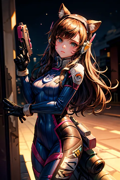 1girll, (d.va (overwatch):0.8), solo, long hair, whisker markings, tightsuit, brown hair, face markings, mitts, breasts, brown e...