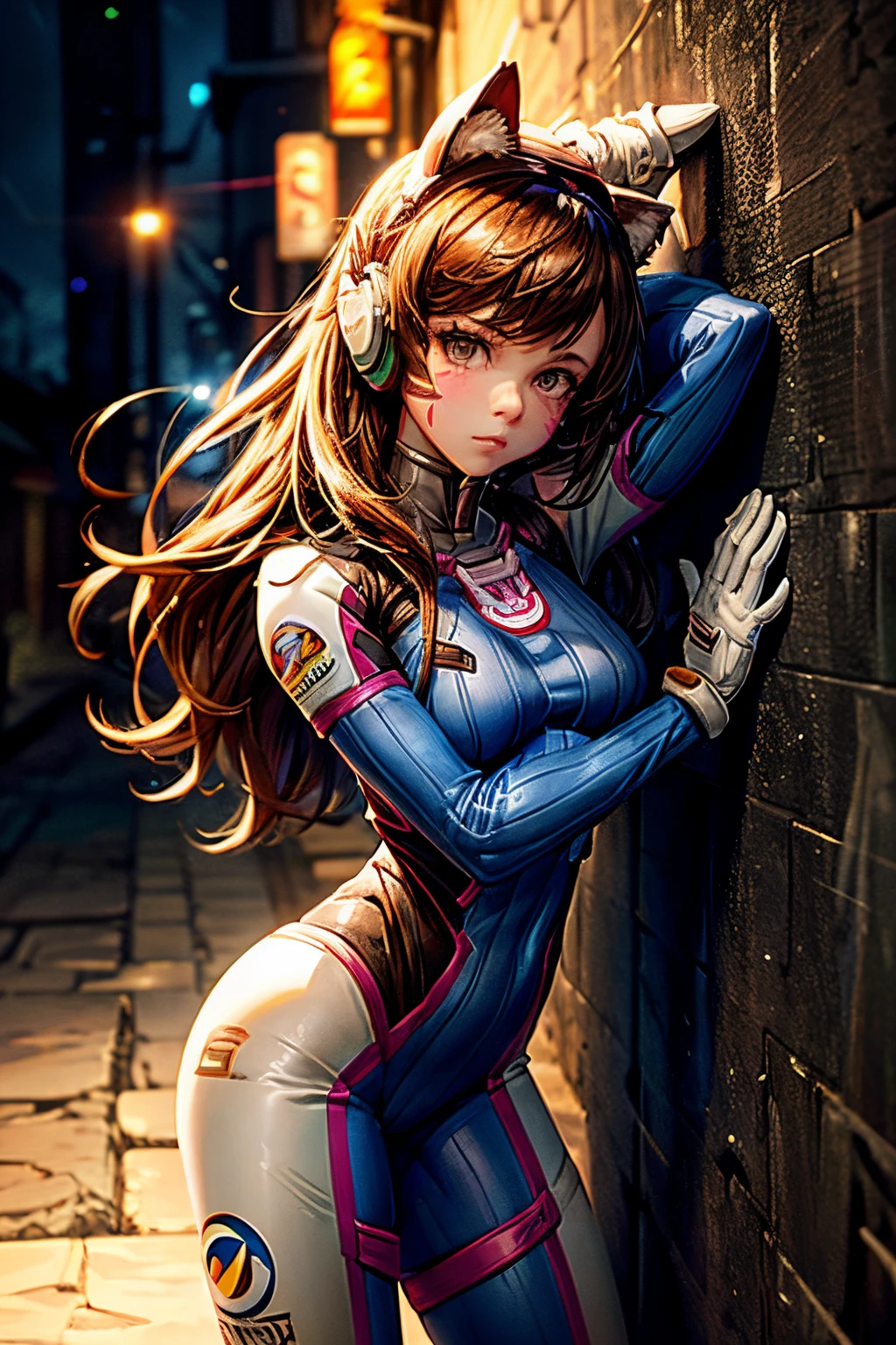 1girll, (D.va (Overwatch):0.8), Solo, Long hair, whisker markings, tightsuit, Brown hair, face markings, mitts, Breasts, Brown eyes, pilotsuit, Cowboy shot, Earphone, White gloves, Medium breasts, sweeping bangs, skin tight, Animal print, bangs, Bunny print, Ribbed one-piece tights, facepaint, Pink lips, leaning back against the wall, holding gun, Serious look, questionable,  caring, investigative, Dark Alley, Night, Night sky, Red light, (Silhouette, hard light:1.2),