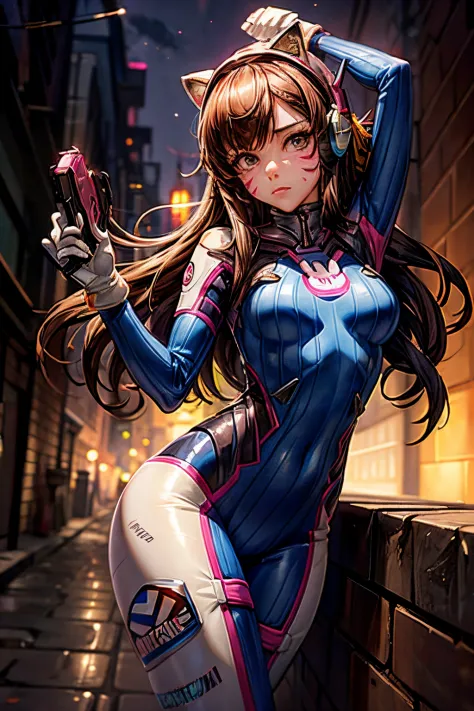 1girll, (D.va (Overwatch):0.8), Solo, Long hair, whisker markings, tightsuit, Brown hair, face markings, mitts, Breasts, Brown e...