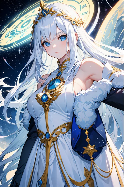 Woman.  woman. 1-women. One woman. A woman. A Goddess in typical all-white Goddess attire. An Aeon . The Goddess of . Long white hair and light sky blue eyes. Background of a starry galaxy with giant clocks. Goddess of time and space. Upper body. Half body...