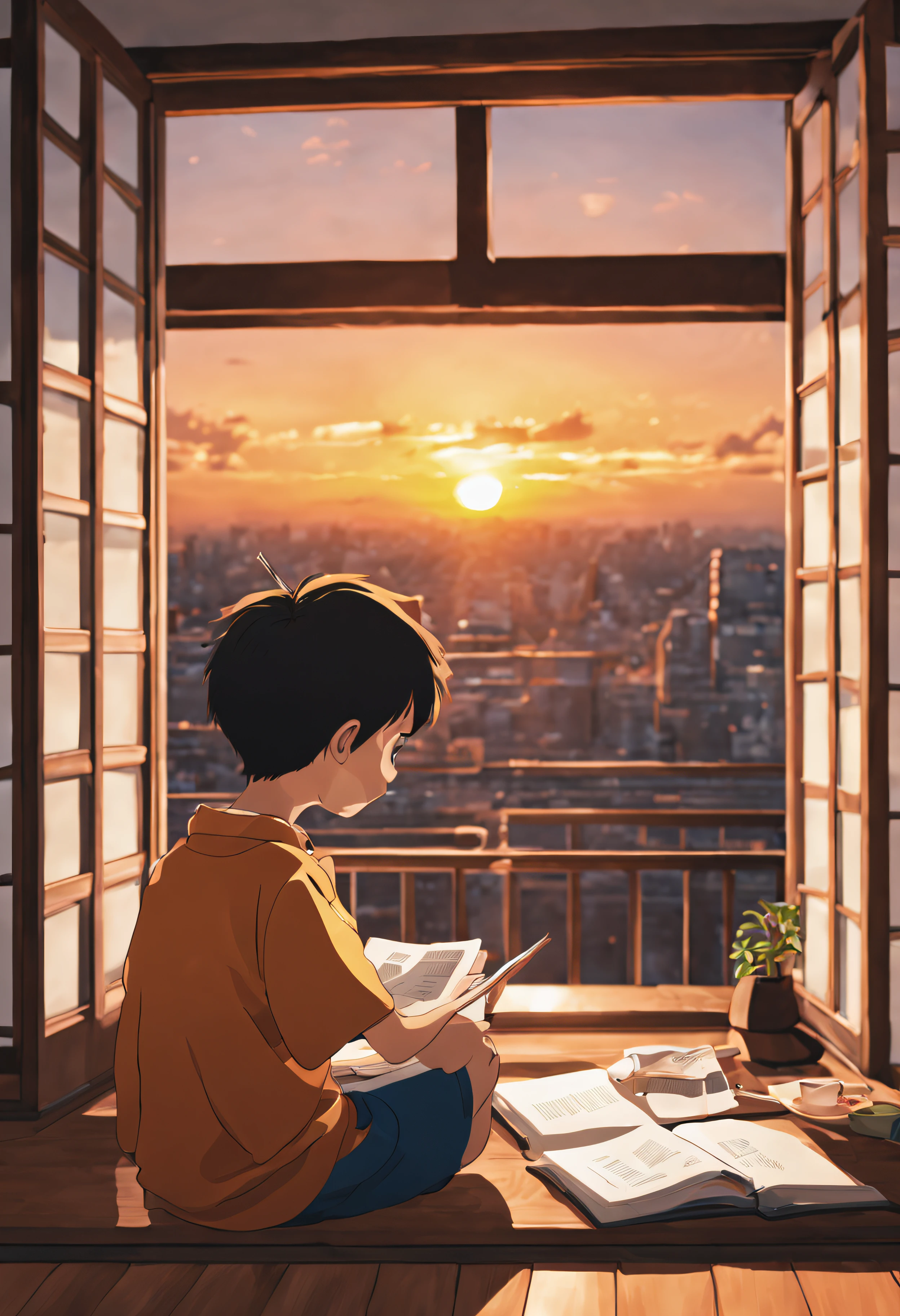 Boy reading outside the window and watching the sunset, Japanese cartoons, he lives in a building.