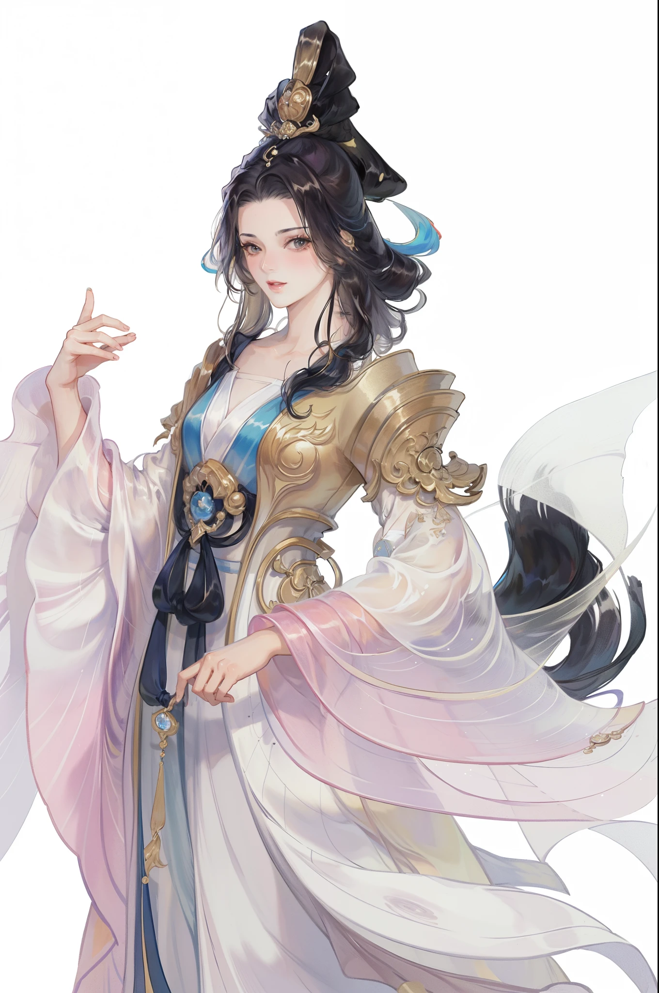 Best quality at best, Ultra-high resolution, (((1 girl))),(Long black hair), game fairy, Old palace, Hanfu, Yarn, Flowing light yarn, jewelry, (focal), (((Colorful))),(sketching:0.8) , tmasterpiece, Best quality at best, beautiful painted, meticulous,(Denoising:0.6), highly  detailed, (tmasterpiece, Best quality at best） CG unified 8K wallpaper，tmasterpiece，Best quality，ultra - detailed）, Super HD picture quality，Clear face