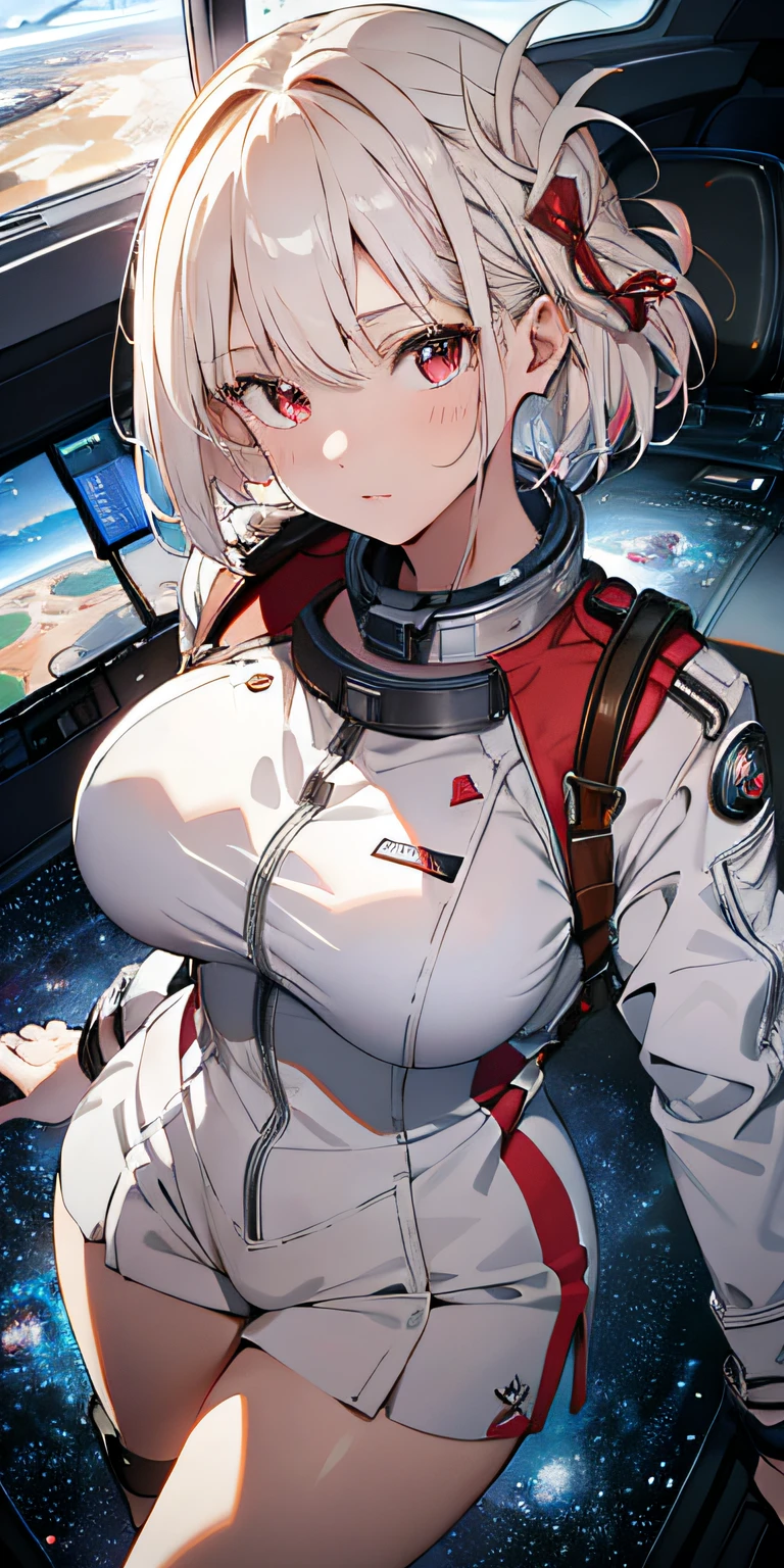 Absurd resolution, high resolution, (masterpiece: 1.4), super detailed, 1 girl, seen from above in spacesuit, space, floating, wide angle lens distortion, platinum blonde, medium hair, red eyes