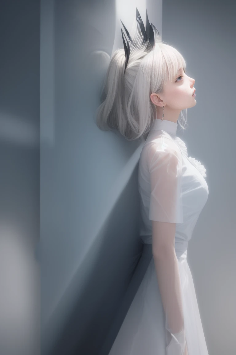 Highest Quality,perfect masterpiece,Perfect Artwork,Formula works,8K,, (Upper body portrait:1.3),((Seen from the side:1.5)),close-up lenses,Delicate face,, ,white-haired girl,(hakuhatsu:1.5),Short and medium hair,((White transparent eyes:1.5)),(White Dress:1.2),(Transparent clothing:1.2),(Black background:1.3),, Pearl Illusion,Cyberpunk,fashion trend,3S Material,hight resolution,Detailed expression,C4D,。.3D,Octane Rendering,Ray tracing,intricate-detail,Animated Lighting,Okrenderer,