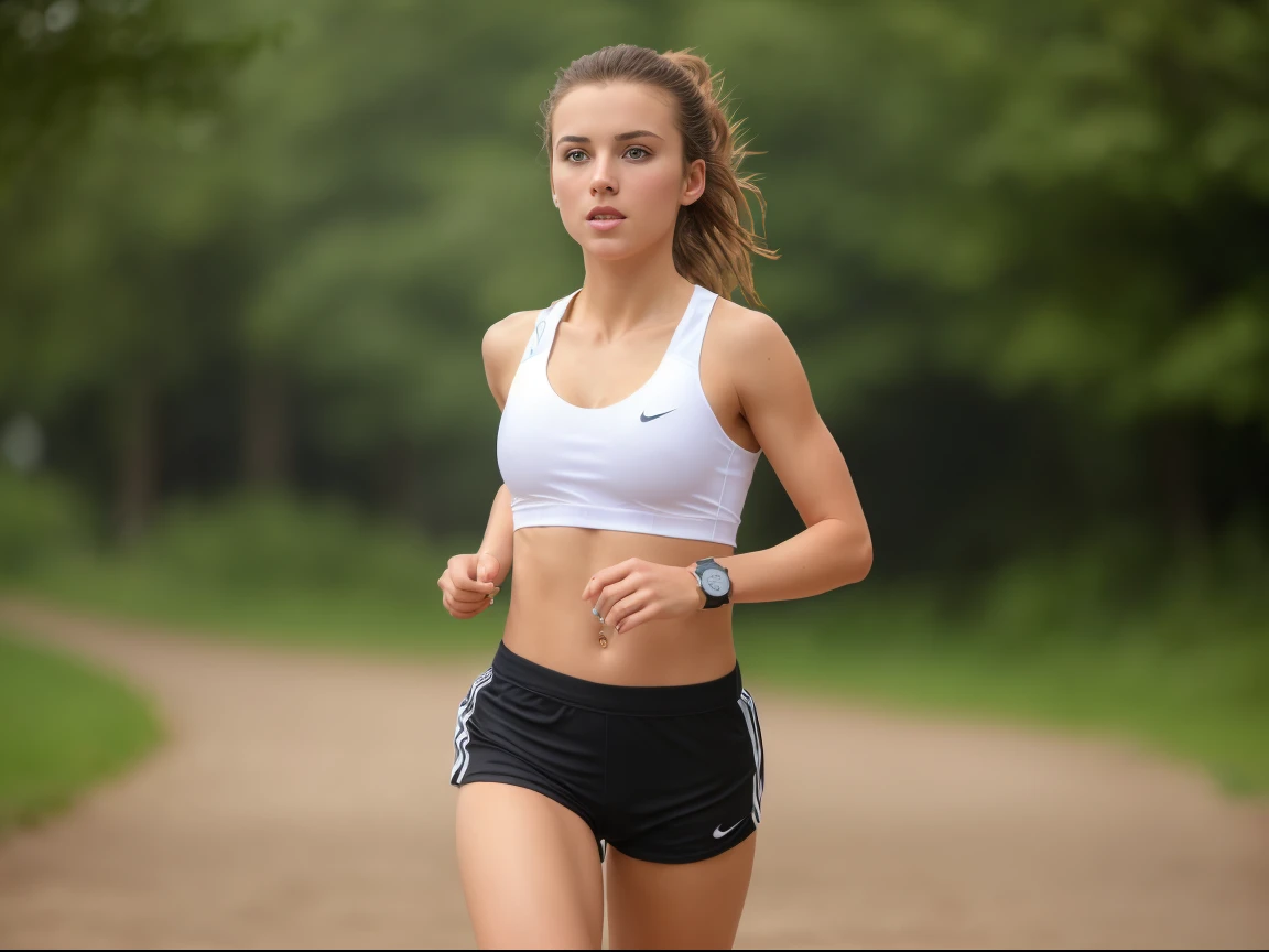 (((masterpiece))), ((one) girl 22 year old) (((Caucasian))) ((small breast)) French girl with shoulder length messy  brunette hair, she  , wearing running gear and ((sports watch)), she running, outdoor running track, taken with, Canon 85mm lens, extreme quality, heavily retouched, heavy makeup, very high quality, flawless beauty,