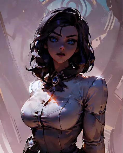 (Detailed Lights, Detailed Shadows), 1Woman, black Hair, (Elizabeth), Bioshock infinite, , White blouse, ((Detailed Eyes)), uppe...