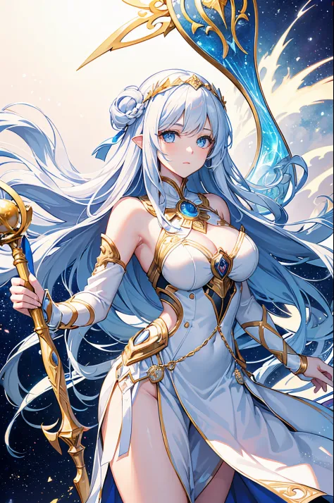 Album. Woman.  woman. 1-women. One woman. A woman. A Goddess in typical all-white. Goddess attire. An Aeon . The Goddess of . Long white hair and light sky blue eyes. Background of a starry galaxy with giant clocks. Goddess of time and space. Upper body. H...