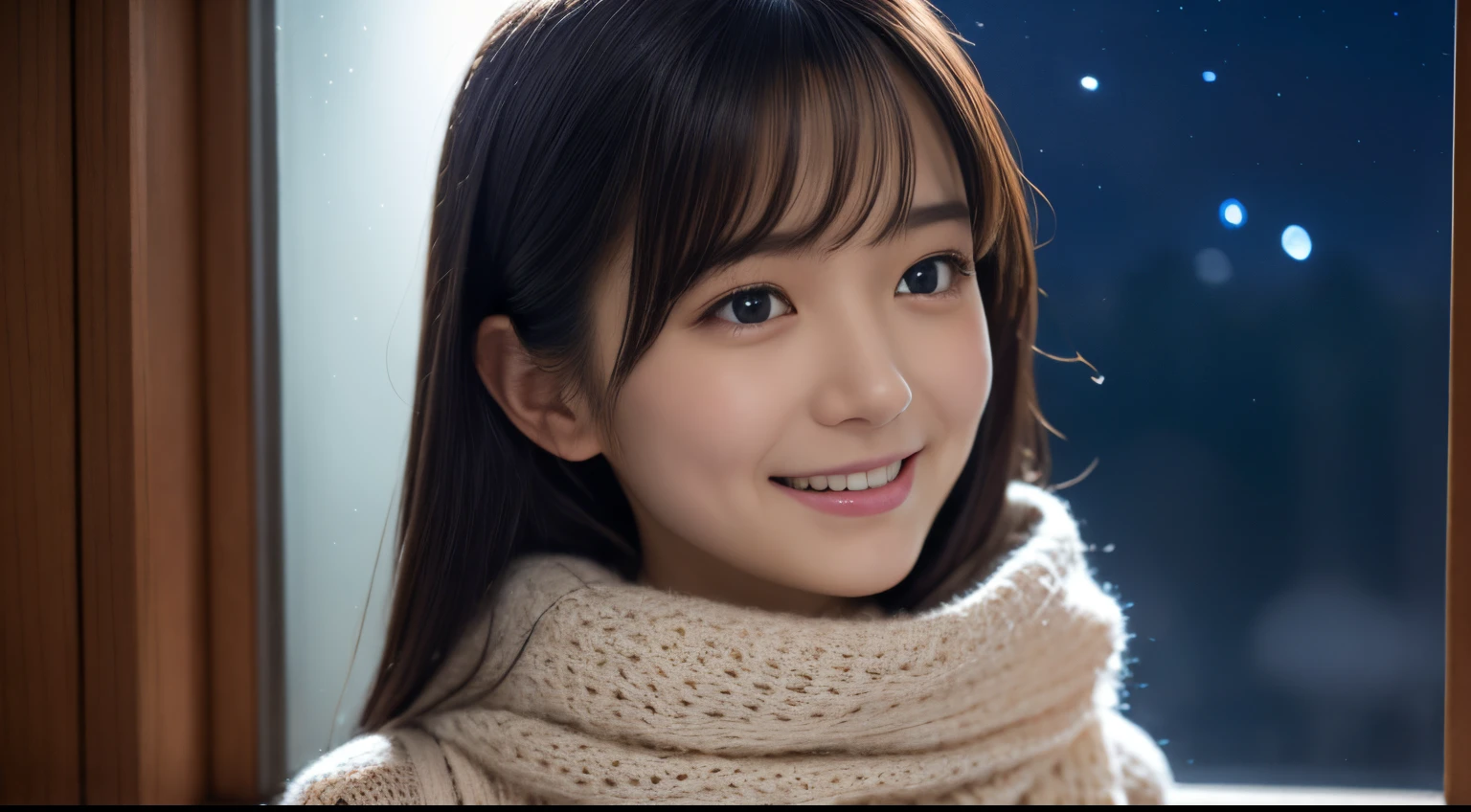1 女孩在, 十六歲、15位日本凹版模特, (可愛的小, 一個美麗的女孩,輪廓:1.2), 謙虛大, 清潔臉部肌膚, 𝓡𝓸𝓶𝓪𝓷𝓽𝓲𝓬,美麗的聖誕夜:1.2, (抬頭看看窗外的夜空:1.5)、(有聖誕樹的房間:1.2),  (蓬鬆的白色羊毛毛衣:1.2),  紅領巾, (紅色百褶裙),   一個黑髮的、帶著幸福的表情陷入沉思、 最好的品質, 高解析度, 細緻的肌膚, 詳細的臉部和眼睛, 高解析度, 自然採光, 完美的解剖結構, 基於物理的渲染, 逼真的, 對稱清晰的眼睛, 精心修飾的臉,十幾歲的女孩, 完美身材, 透明度, 擺出凹版偶像,