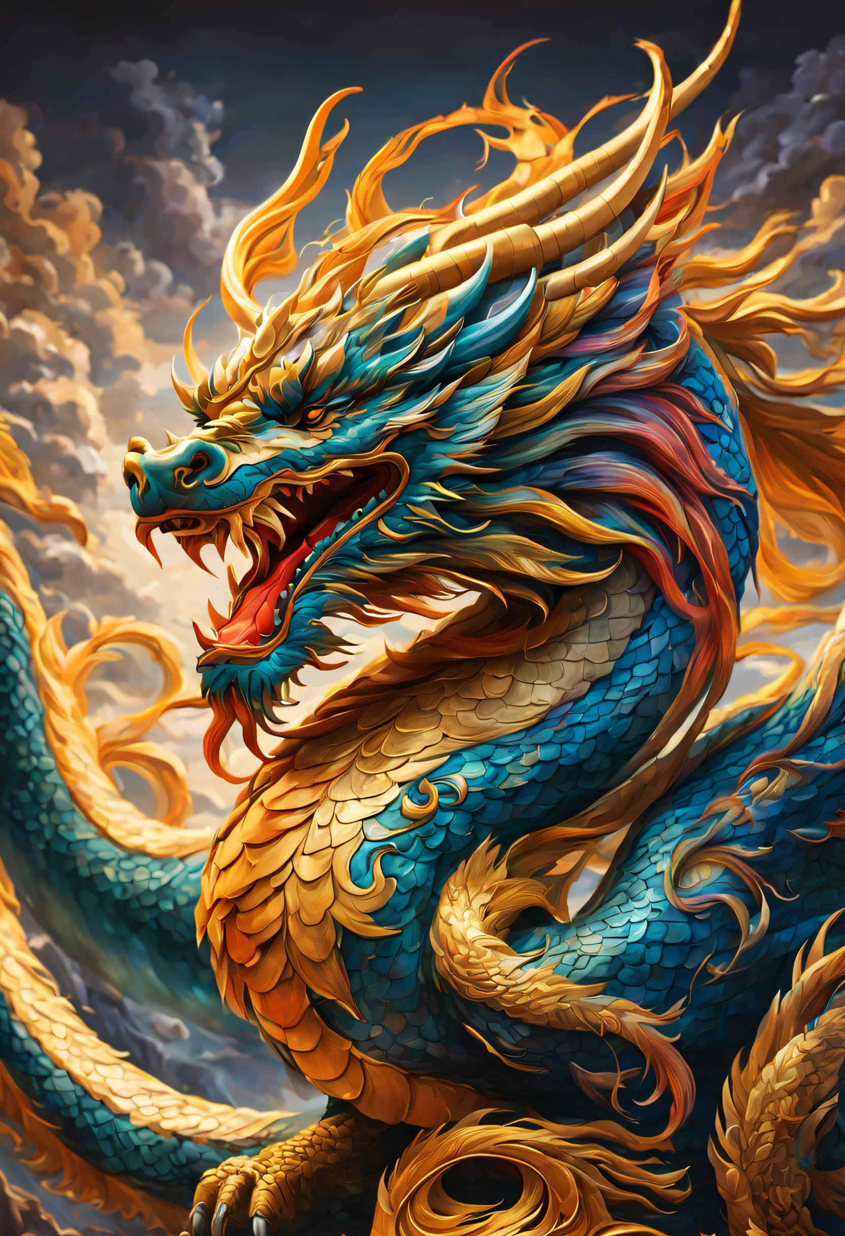 a majestic Chinese Dragon, vibrant colors, intricate scales, flowing ...