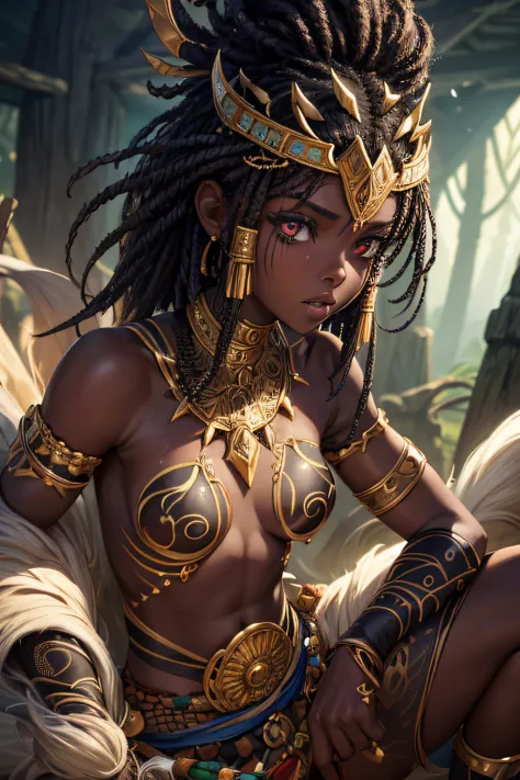young african teen girl, ancient african tribal warrior, very dark black skin, white hair wielding a pike,,combat stance, facepaint, bodypaint, sexi, small breasts, tribal village in background, highly detailed, vibrant appearance, creative behavior, extre...