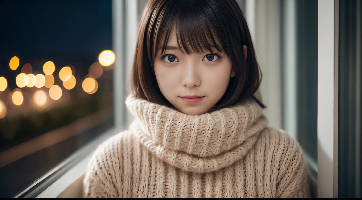 1girl in, sixteen years old、Gravure model for Japan, (cute little, a beauty girl,profile:1.2), Modest big,  𝓡𝓸𝓶𝓪𝓷𝓽𝓲𝓬,Beautiful Christmas night view and snow:1.2, (Look up at the night sky outside the window:1.5)、(room with christmas tree:1.2),  (fluffy white wool sweater:1.2),  red scarf, (Red pleated skirt),   A dark-haired、Lost in thought with a happy expression、 Best Quality, hight resolution, Detailed skin, Detailed face and eyes, Hi-Res, Natural lighting, Perfect Anatomy, Physically-based rendering, Photorealistic, symmetric clear eyes, Well-groomed face,Teenage girl, Perfect figure, Transparency, hposing Gravure Idol,