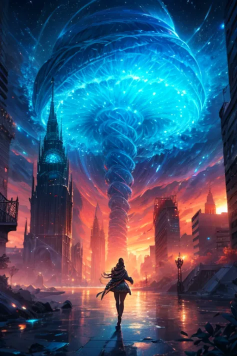 draw me an enormous cyclone in a city with fantasy style of magic the gathering