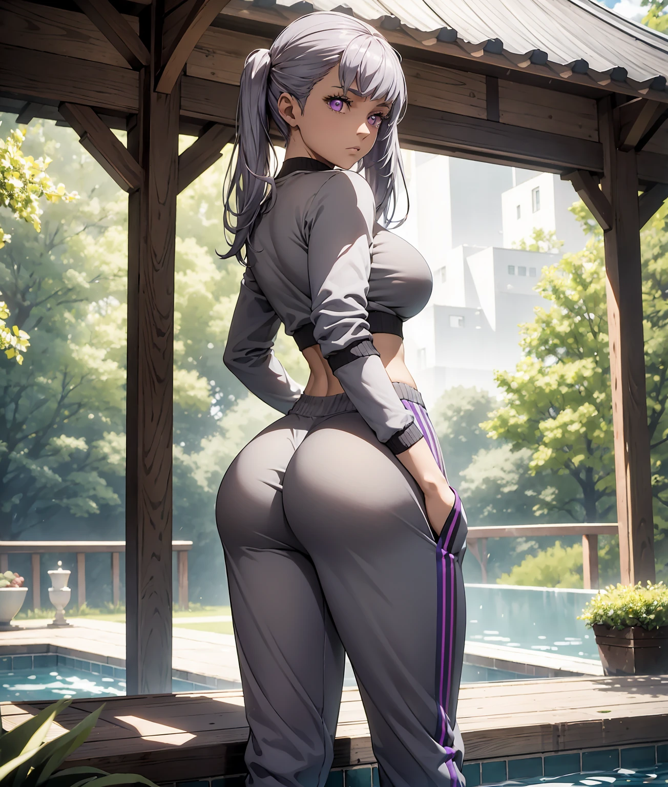 ​masterpiece, Breathtakingly realistic, photorealestic, 12K-UHD, best quality, Sharpness, sharp face, 1 girl,Noelle Silva,big ,silver hair,purple eyes,Standing in a garden with pool,full entire body,cropped shirt,grey sweatpants,perfect round ass,back view,arms behind back
