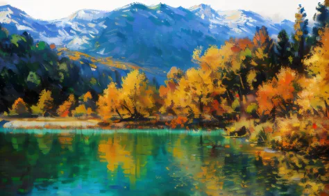 tmasterpiece, quality, Impresionismo, Paintings by professional painters, Claude Monet, Autumn，The trees by the lake have changed colors, Scenery colorful environment, majestic nature, Extraordinary colorful landscape, Autumn mountains, Detailed view – wid...