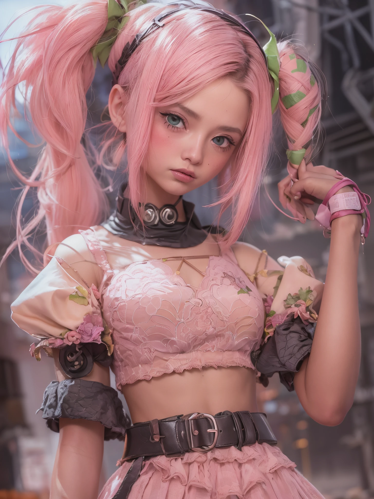 Pink skirt with frills, pink crocodile shoes, pigtails,crop-shirt, solo, woman, (pyoapple v1:1.05), pyoapple, (lips parted, light smile), (shiny skin: 1.1), blush, (bangs)), long hair, skindentation, ((slim skinny body)), (long legodel figure, best quality, super high resolution, (realism), (detailed face and eyes), Industrial ghetto cyberpunk dystopian background, edna \(tales\)
hair ribbon
hairband
dress
single glove
choker