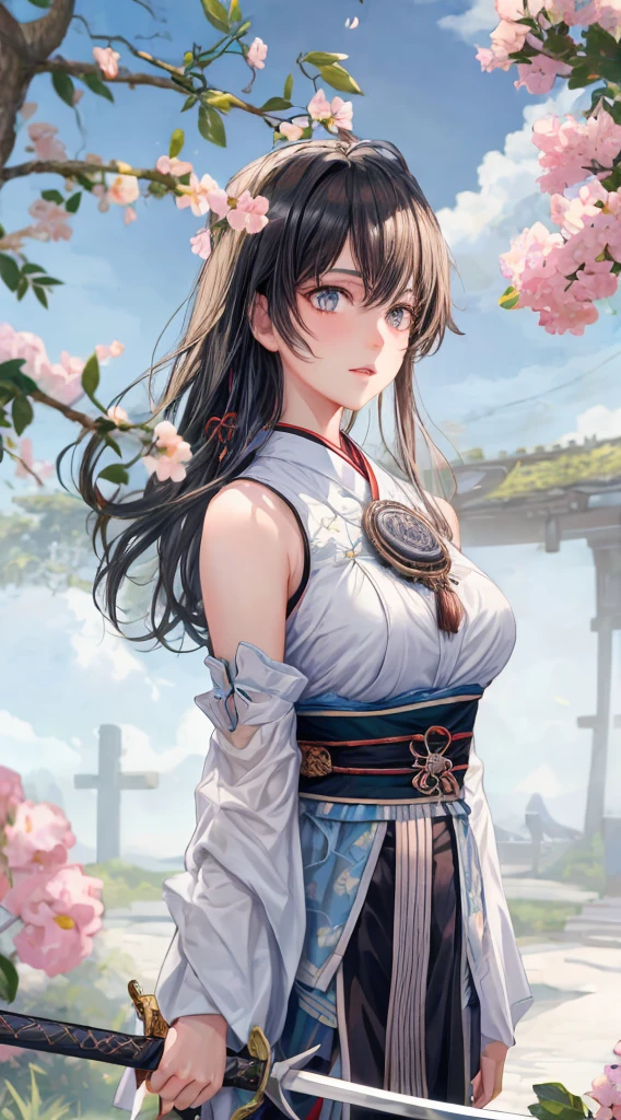 realistic, 1girl, black hair, light blue eyes, glowing eyes, crop top, skirt, parted lips, blush, night, flowers, sun, sunlight, japanesse robe, covered big breast, hold a sword, wuxia, guvitz