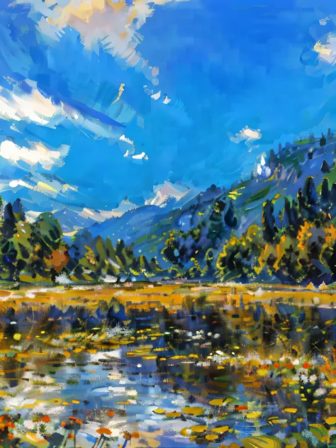 tmasterpiece, quality, Impresionismo, Paintings by professional painters, Claude Monet, Alafid mountains landscape, rivers and forests, very beautiful scenery, Majestic nature, amazing scenery, extremely, very beautiful scenery, amazing scenery, In a valle...