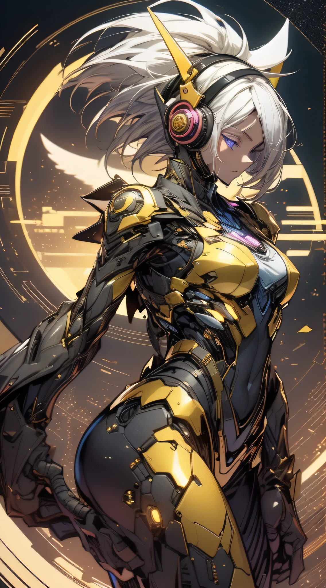 top-quality、Top image quality、​masterpiece、girl with((black mecha suit、Shining gold mech suit、18year old、 Ager、cute little、Best Bust、big bast,Beautifully shining purple eyes open wide, Messy silver hair、Longhaire、A slender,big moves in volleyball,mechanic jet pack、headphone pose、running splatter、sucked into a black hole)),hiquality、Beautiful Art、Background with((Shining galaxy world lucky hole)))、,masutepiece、depth of fields,Cinematic style