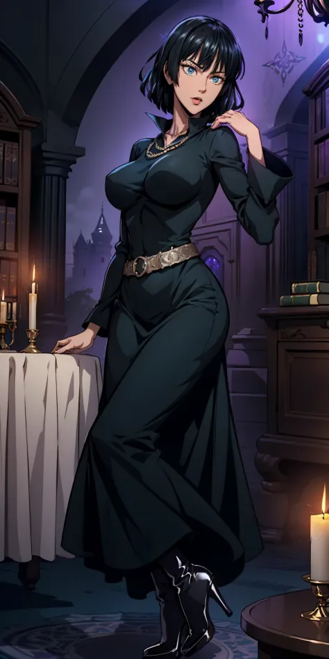 Hyper realistic super detailed sexy Fubuki, expressions faciales sexy, seductive facial expressions, BREAK I. Outfit: Elegant, enchanting, long and fitted dress, plunging back, deep neckline, long lace sleeves, belt adorned with mystical symbols, high-heel...