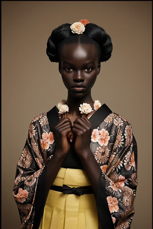 (Best quality, 8k, 32K, Masterpiece, UHD:1.chaud d#39;AJAK DENG 25 ans, 1fille, Cheveux mi-courts: 1.1,A ébène vêtue d#39; portant un Yukata floral transparent,a portrait photo of a beautiful woman, black face, floral ornaments, traditional Japanese hairstyle and ornaments