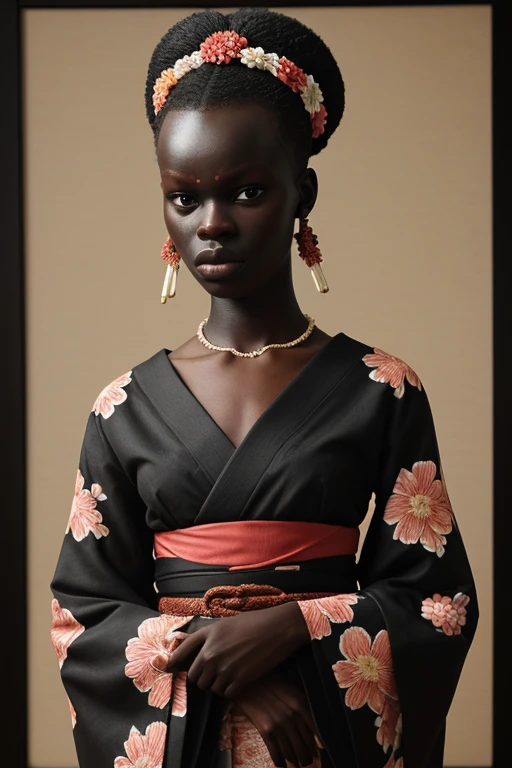 (Best quality, 8k, 32K, Masterpiece, UHD:1.chaud d#39;AJAK DENG 25 ans, 1fille, Cheveux mi-courts: 1.1,A ébène vêtue d#39; portant un Yukata floral transparent,a portrait photo of a beautiful woman, black face, floral ornaments, traditional Japanese hairstyle and ornaments