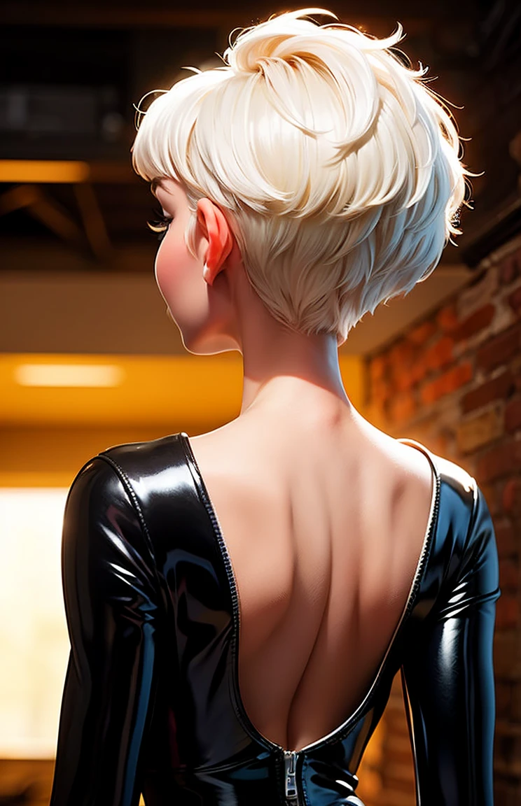 pixar style, (((upper body))), from behind, full body photoshot of beautiful slender woman,(((short blondie white hair, pixie haircut))), (high detailed skin texture), wearing a leather catsuit, simple black background, (((backlit)))