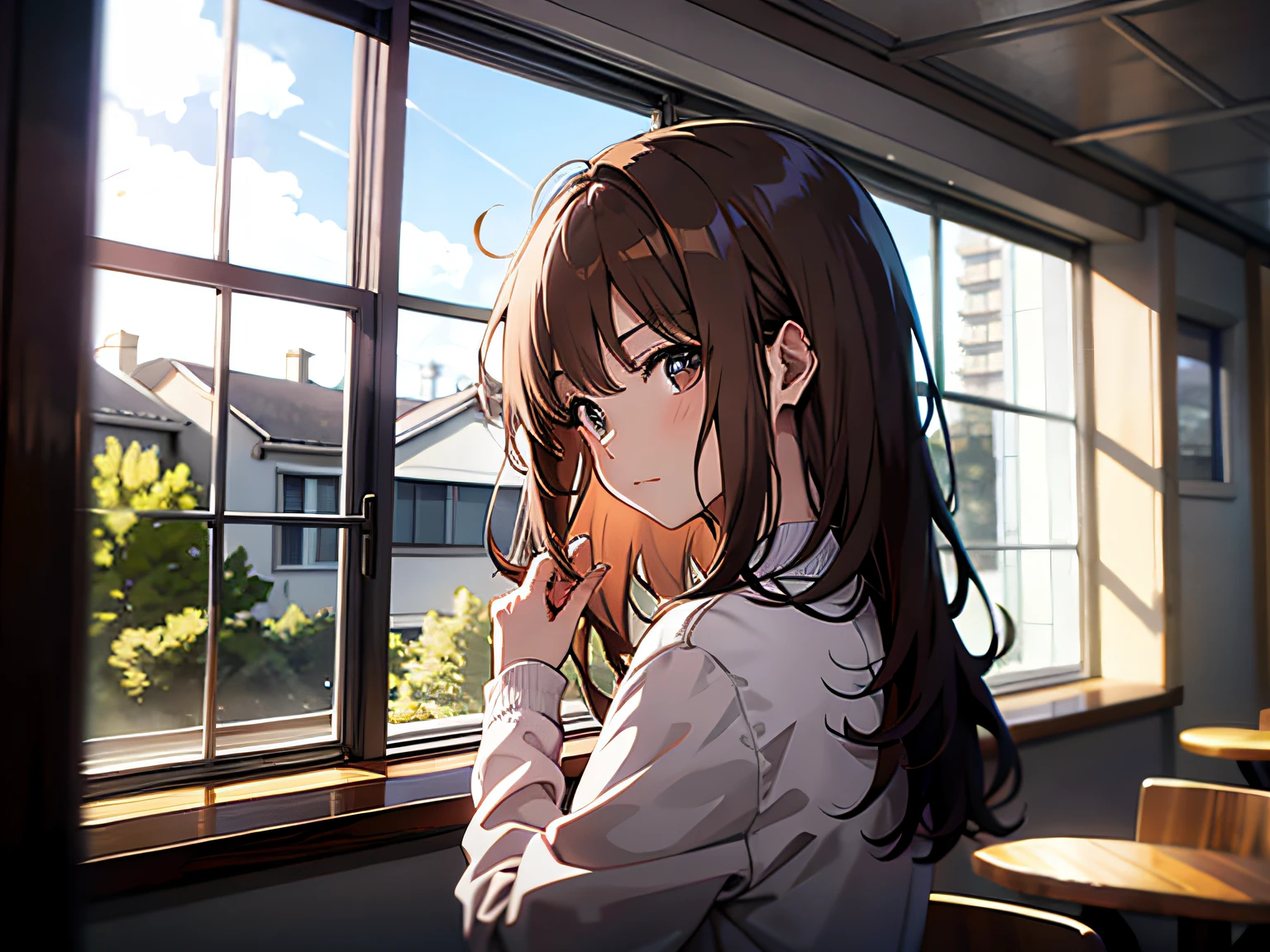 Brown hair、girl with、by the window