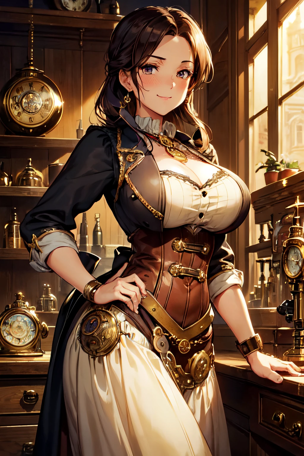 (High quality, High resolution, Fine details), Realistic, ((steampunk clockmaker woman)), meticulously crafted gears and machinery, ornate goggles and leather apron, elaborate Victorian-era attire, ((vintage timepieces and pocket watches)), antique workbench covered in tools, ((delicate clock hands and intricate clock faces)), dimly lit workshop filled with steam and smoke, rich palette of sepia tones and warm hues, solo, women, sparkling eyes, (Detailed eyes), smile, blush, Sweat, Oily skin, shallow depth of field