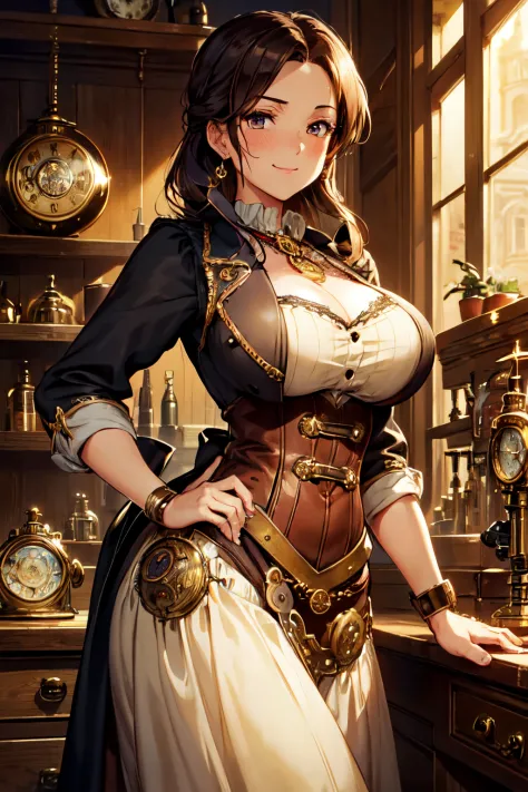 (High quality, High resolution, Fine details), Realistic, ((steampunk clockmaker woman)), meticulously crafted gears and machine...