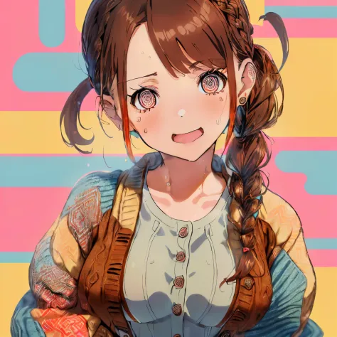 ((Brown hair)),((Braided shorthair)),((Brown eyes)),((Pigtails)),((With bangs)),((Pair with a bungalong sleeve jacket or cardiga...
