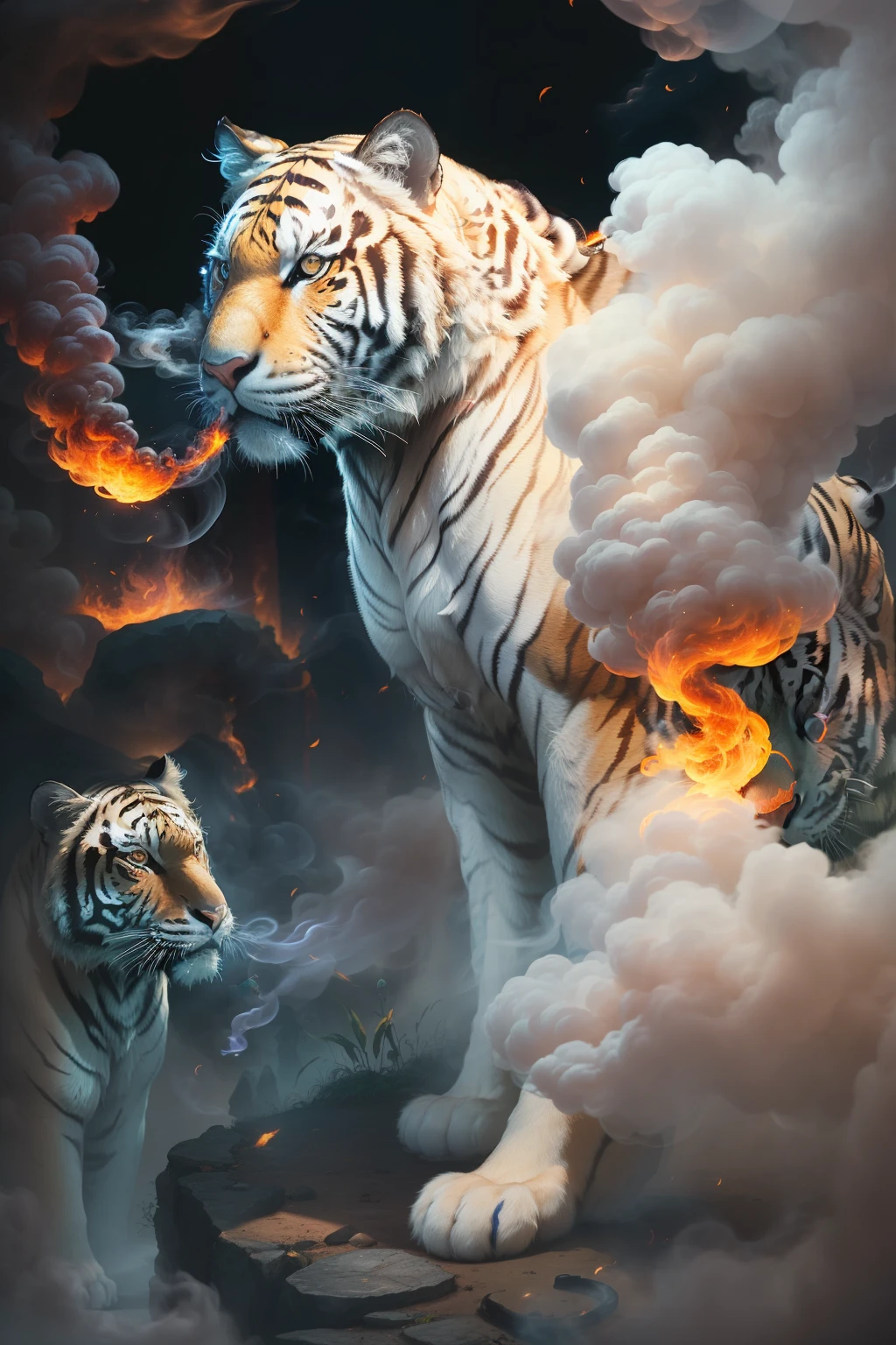 ein Bild eines chinesischen Zauberers im Teenageralter, der einen Zauberstab schwingt, dicken Rauch heraufbeschwören, mit einem weißen Tiger, der aus dem Rauch auftaucht. --auto --s2