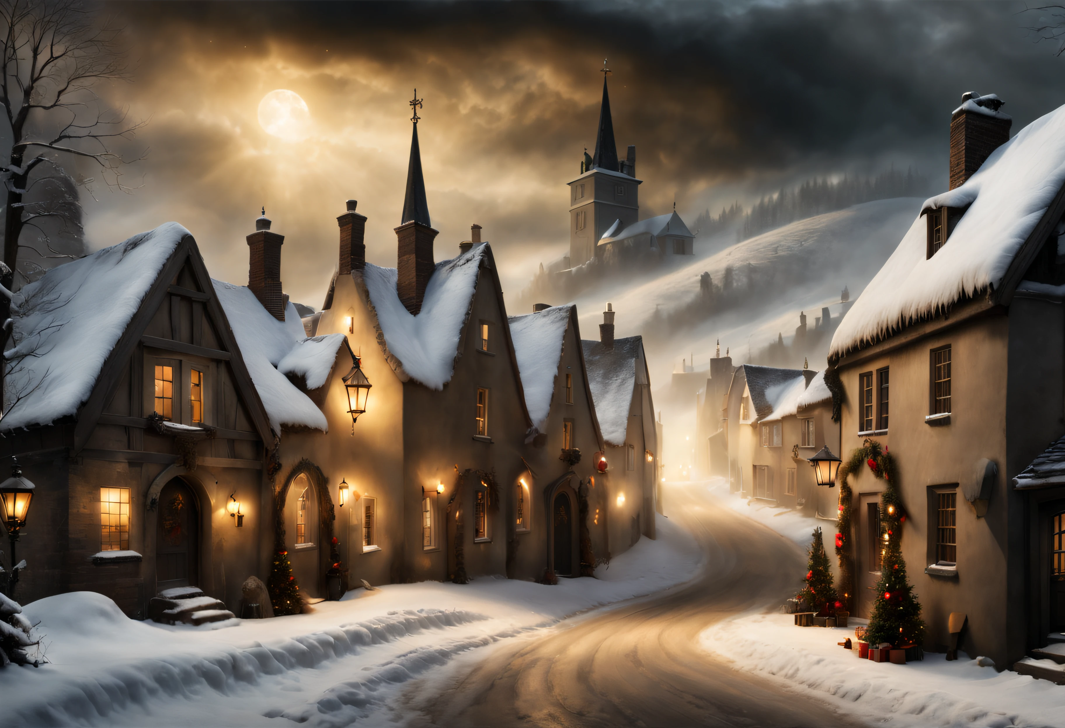 Hyperrealistic christmas landscape photo of a village covered with snow in the ethereal mist, where fairytales come alive, people singing christmas carols, christmas tree, street lanterns, few houses with illuminated windows, smokey chimneys, Trapped within the echoes of forgotten spells, A. B. Jackson, Alan Lee, vivid colors, snowy sky, sun beams, extremely high-resolution details, photographic, realism pushed to extreme, fine texture, incredibly lifelike, masterpiece, best quality, photograph, dreamlike, face focus, intricate details, sharp focus, photography, photorealism, photorealistic, 8k, soft focus, volumetric light, eldritch, (intricate details), (hyperdetailed), 8k hdr, high detailed, lot of details, high quality, soft cinematic light, dramatic atmosphere, atmospheric perspective, wide