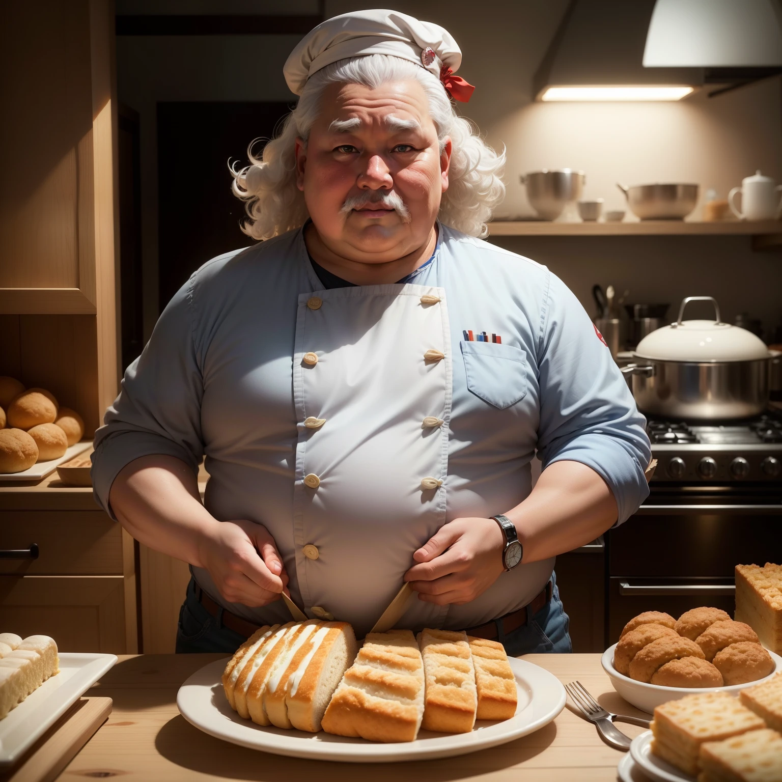 Chef preparing a meal in a kitchen with bread and pastries - SeaArt AI