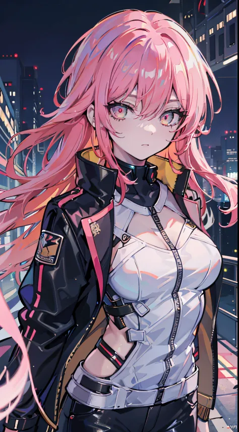 glowing eyes, colourful glowing hair, wearing sci-fi jacket, anime style, high detail, Futurism, glowing light, UHD, retina, mas...