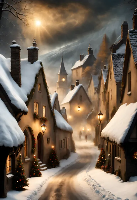 hyperrealistic christmas landscape photo of a village covered with snow in the ethereal mist, where fairytales come alive, peopl...