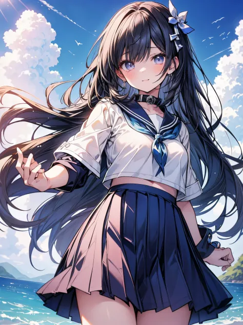 (masutepiece ,Best Quality,Insanely detailed), 1 Cute Pure Girl,Innocent smile,serafuku,Blue collar,Navy pleated skirt,From below,Blue sky,white clouds,Summer sunshine,detailed and beautiful eyes,Twinkle Eyes,Glossy lips,  Perfect Anatomy , Perfect five fi...