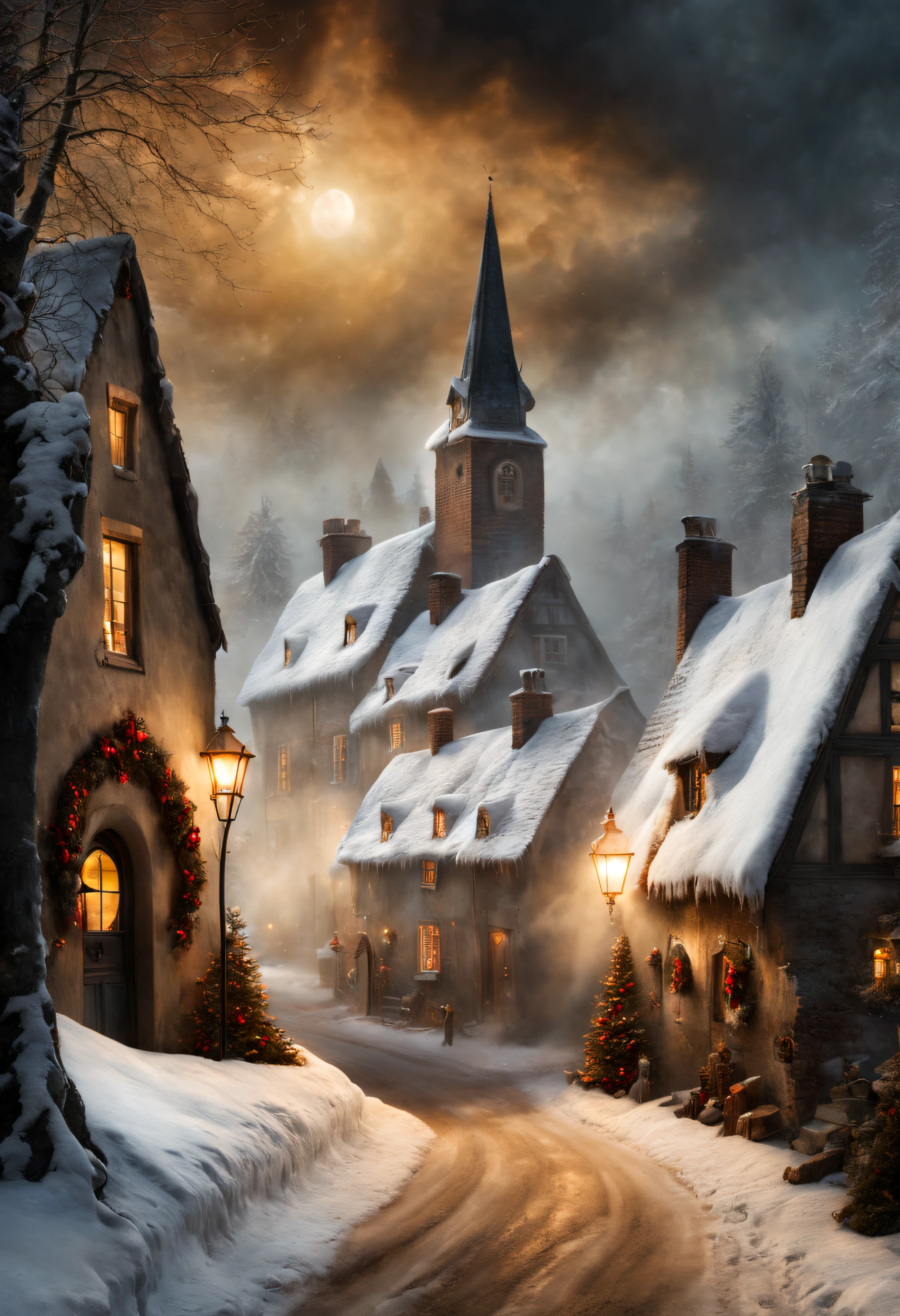 Hyperrealistic christmas landscape photo of a village covered with snow in the ethereal mist, where fairytales come alive, people singing christmas carols, christmas tree, street lanterns, few houses with illuminated windows, smokey chimneys, Trapped within the echoes of forgotten spells, A. B. Jackson, Alan Lee, vivid colors, snowy sky, sun beams, extremely high-resolution details, photographic, realism pushed to extreme, fine texture, incredibly lifelike, masterpiece, best quality, photograph, dreamlike, face focus, intricate details, sharp focus, photography, photorealism, photorealistic, 8k, soft focus, volumetric light, eldritch, (intricate details), (hyperdetailed), 8k hdr, high detailed, lot of details, high quality, soft cinematic light, dramatic atmosphere, atmospheric perspective, wide