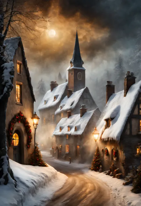 hyperrealistic christmas landscape photo of a village covered with snow in the ethereal mist, where fairytales come alive, peopl...