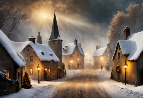 hyperrealistic christmas landscape photo of a village covered with snow in the ethereal mist, where fairytales come alive, ((peo...