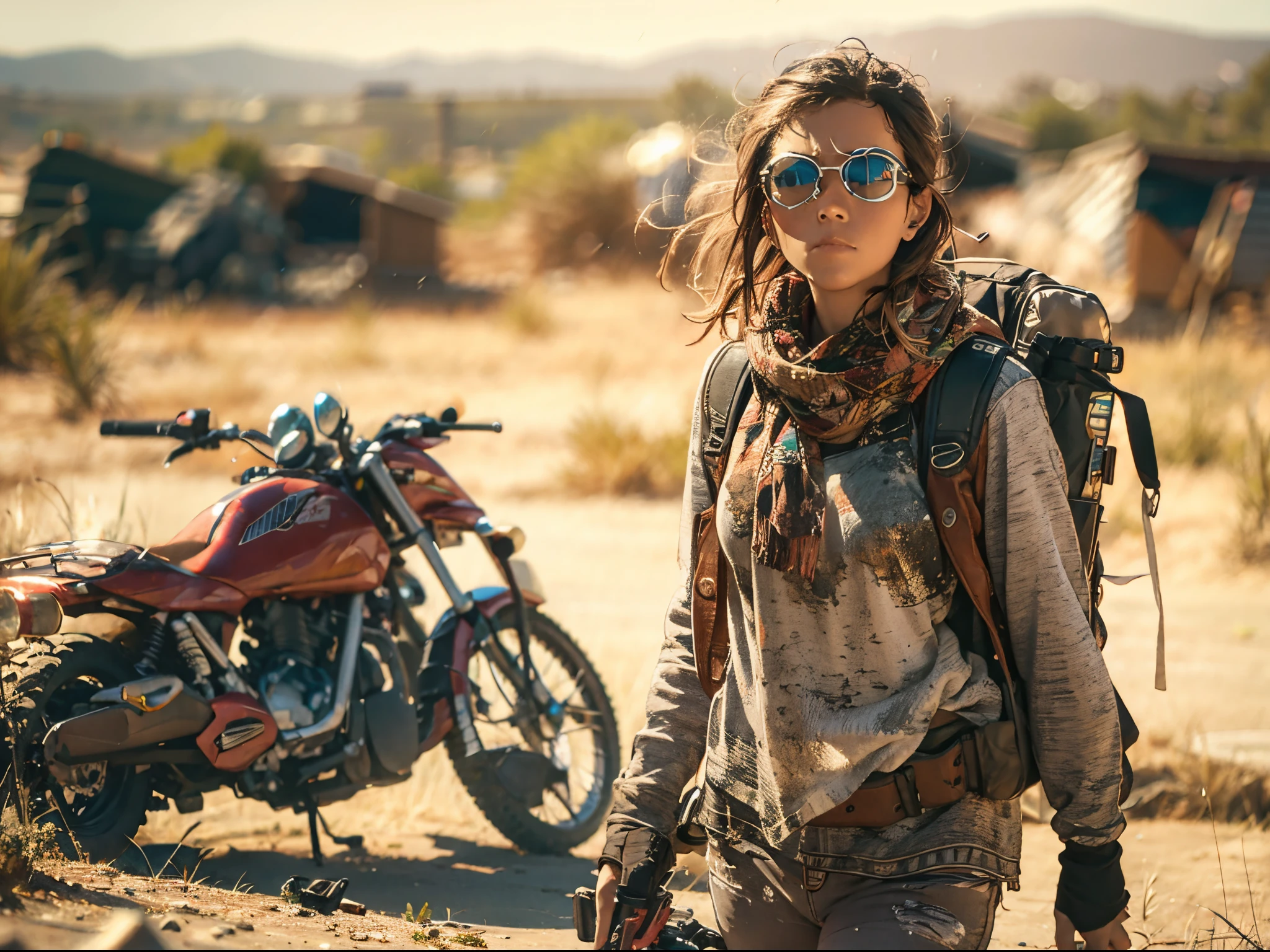 1 chica, joven, carroñero, Deambulando solo, un desierto lleno de maquinaria vieja, cara cubierta, gafas de moto, mangas largas, Bastón, mochila, escopeta recortada en la espalda. (fondo post-apocalíptico), sol abrasador. Cierre medio, bokeh, iluminación sobreexpuesta, ángulo inclinado, desde abajo.