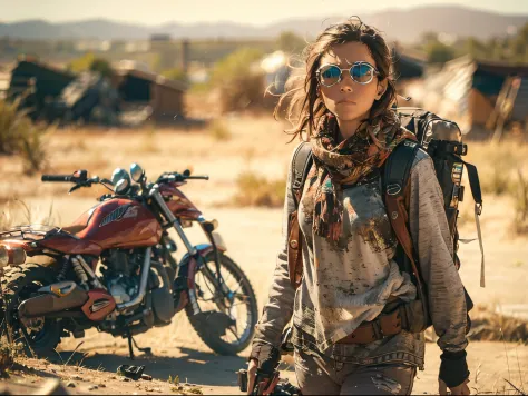 1girl, young, scavenger, wandering alone, a desert full of old machinery, face covered, motorcycle glasses, long sleeves, walkin...