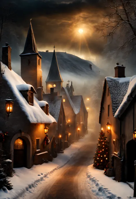 hyperrealistic christmas landscape photo of a village covered with snow in the ethereal mist, where fairytales come alive, peopl...