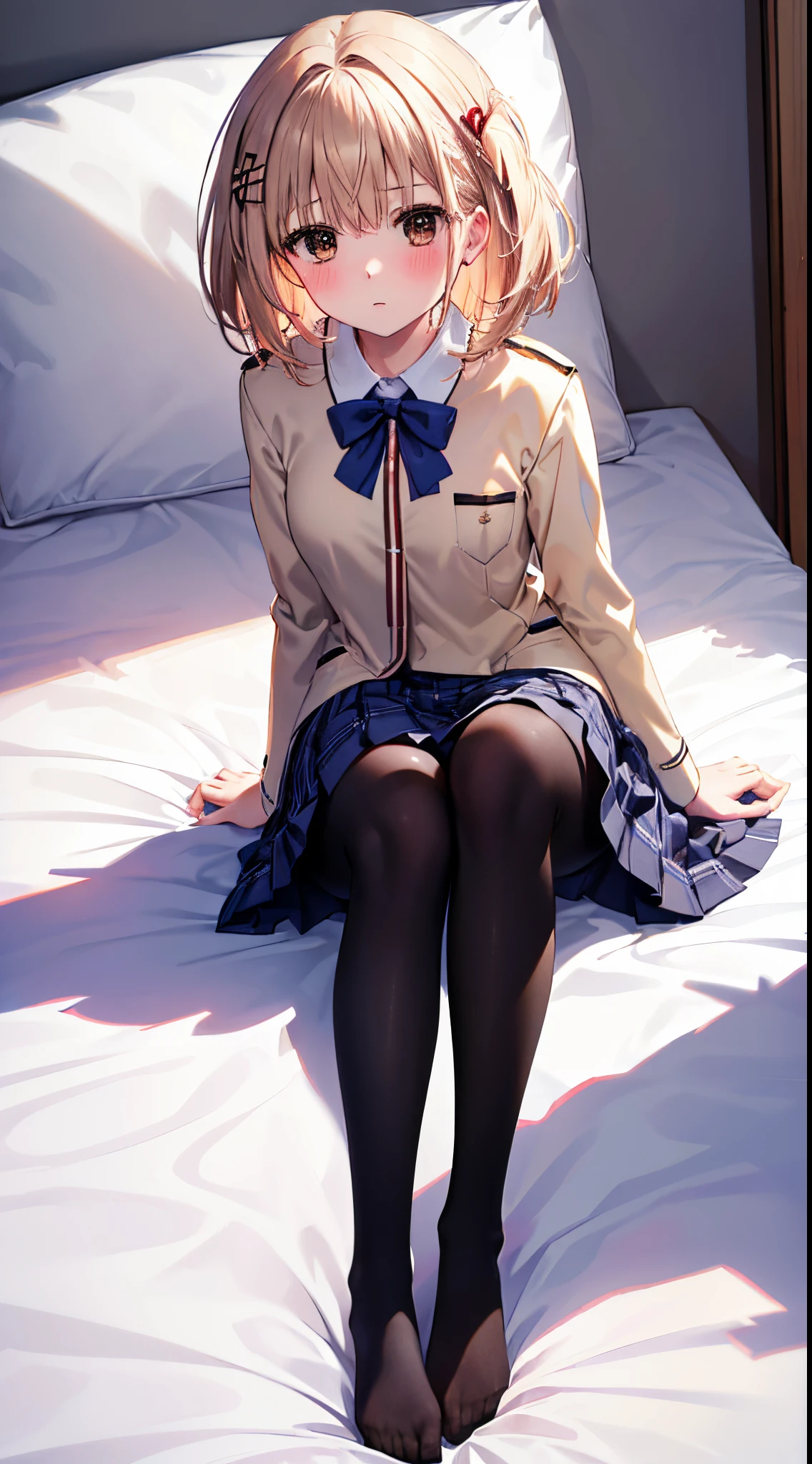 Top quality, masterpiece, insanely detailed, (Full body shot), front view, 
 symmetry, Mature Japanese high school girl, alone, (Solo: 1.3), slender legs, whole body from head to toe, from above, sitting, M-shaped legs, staring at the viewer: 1.3), small breasts, (black pantyhose): 1.2), white panties showing through the stockings, very beautiful 17 year old girl, no shoes, (Blush: 1.3), Shy big eyes, (Short (brown hairy part), (bangs), messy hair, (hair clip), lying on white sheets, looking at you: 1.3), looking at the camera, white panties visible, white lingerie, high school uniform blazer, high school uniform white blouse, high school uniform blue ribbon, high  plaid and navy pleated skirt, Misaka Mikoto, brown very long hair, brown eyes
