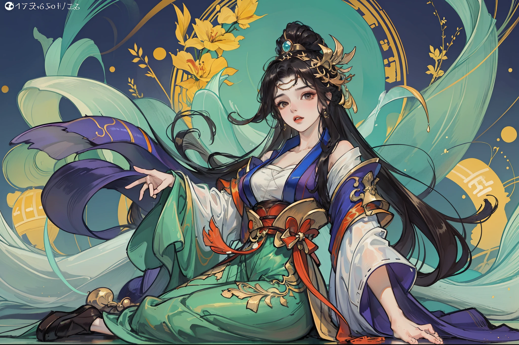 Best quality at best, Ultra-high resolution, (((1 girl, fullbody image))),(Long black hair), game fairy, Hanfu, Yarn, Flowing light yarn, jewelry, (focal), (((Colorful))), particle fx , tmasterpiece, Best quality at best, beautiful painted, meticulous, highly  detailed, (tmasterpiece, Best quality at best） CG unified 8K wallpaper，tmasterpiece，Best quality，ultra - detailed）, Super HD picture quality，Clear face，good looking hand