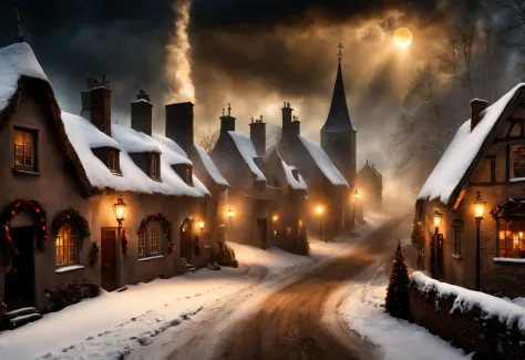 hyperrealistic christmas landscape photo of a village covered with snow in the ethereal mist, where fairytales come alive, peopl...